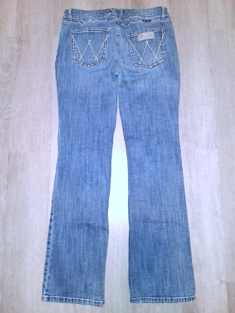 Wrangler Boot Cut Jeans Size 11/12 x 34 Distressed Denim Flares Wide Leg Flared